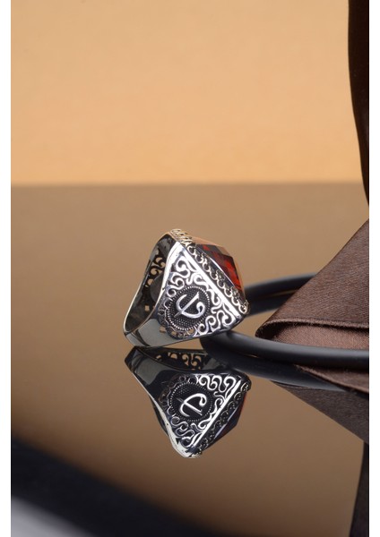 Kırmızı Zirkon Taşlı Vav Elif Kare 925 Ayar Gümüş Erkek Yüzük
