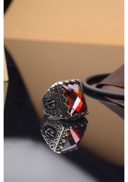 Kırmızı Zirkon Taşlı Vav Elif Kare 925 Ayar Gümüş Erkek Yüzük fiyatları