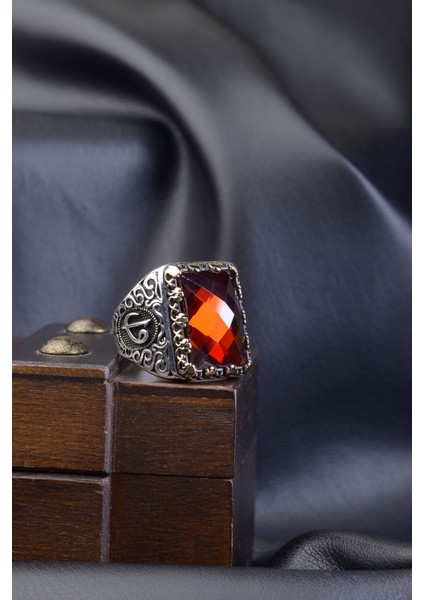 Kırmızı Zirkon Taşlı Vav Elif Kare 925 Ayar Gümüş Erkek Yüzük modelleri