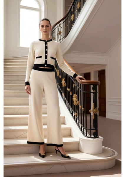 Kadın Alt Üst Triko Takım Bisiklet Yaka Hırka Geniş Paça Pantolon Şık ve Konforlu Günlük Giyim Spor