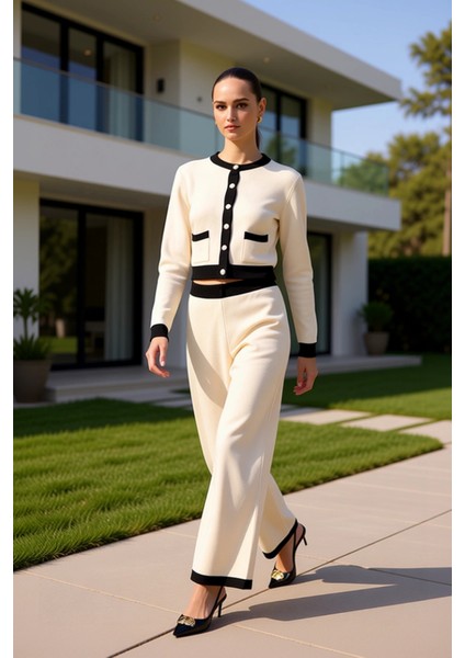 Kadın Alt Üst Triko Takım Bisiklet Yaka Hırka Geniş Paça Pantolon Şık ve Konforlu Günlük Giyim Spor fiyatları