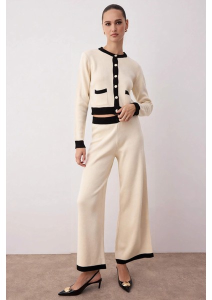 Kadın Alt Üst Triko Takım Bisiklet Yaka Hırka Geniş Paça Pantolon Şık ve Konforlu Günlük Giyim Spor fırsatları