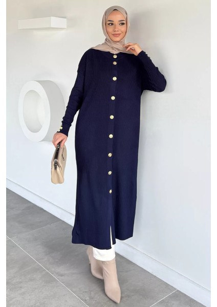 Gold Düğmeli Kendinden Çizgi Desenli Tesettür Triko Hırka P-00018361