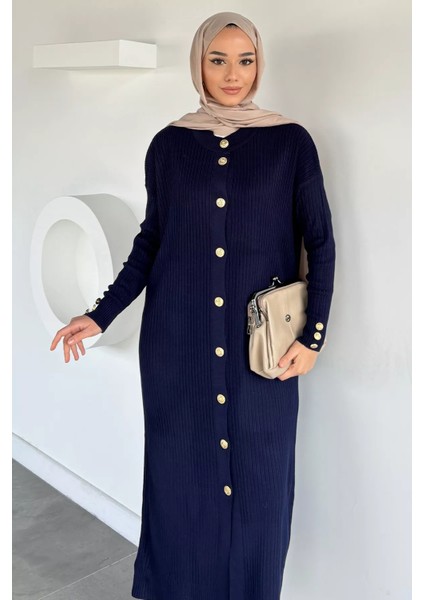 Gold Düğmeli Kendinden Çizgi Desenli Tesettür Triko Hırka P-00018361 fiyatları