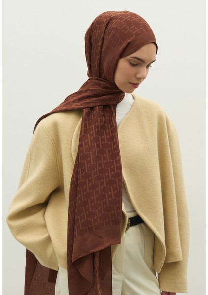 Monogram Pamuk Floş Jakarlı Şal Ağaç Kabuğu