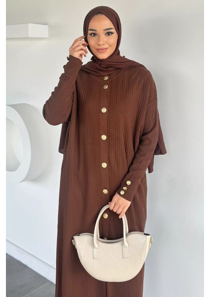 Gold Düğmeli Kendinden Çizgi Desenli Tesettür Triko Hırka P-00018361 fiyatları