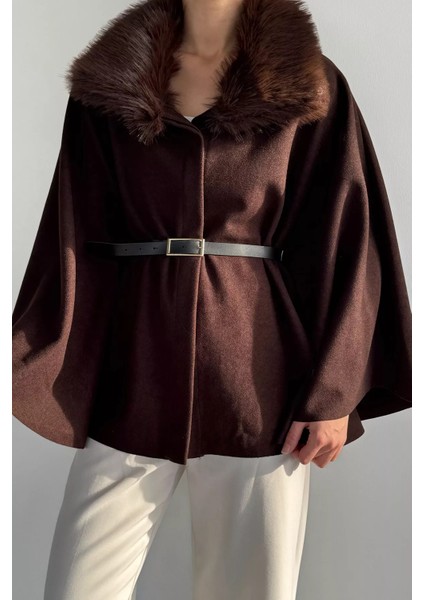 Yaka Kürk Detaylı Kemerli Kadın Panço P-00018918 fiyatları