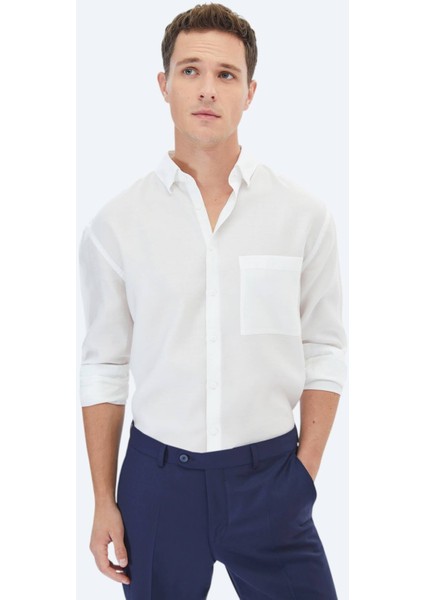 Beyaz Düz Oversize Fit Dokuma Casual Gömlek
