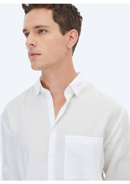 Beyaz Düz Oversize Fit Dokuma Casual Gömlek