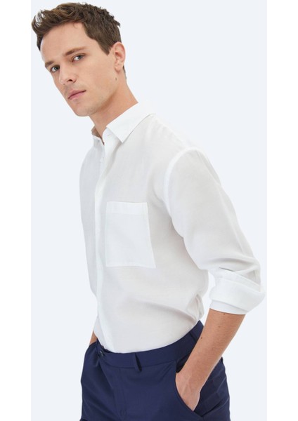 Beyaz Düz Oversize Fit Dokuma Casual Gömlek