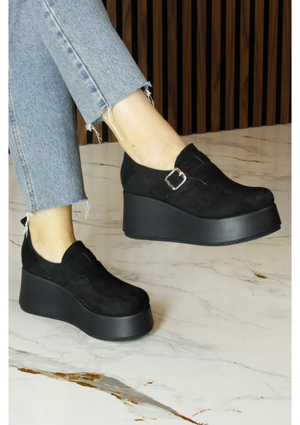 Miyuki Siyah Süet Yuvarlak Burun Lastik Bantlı Dolgu Topuklu Günlük Ayakkabı