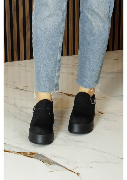 Miyuki Siyah Süet Yuvarlak Burun Lastik Bantlı Dolgu Topuklu Günlük Ayakkabı