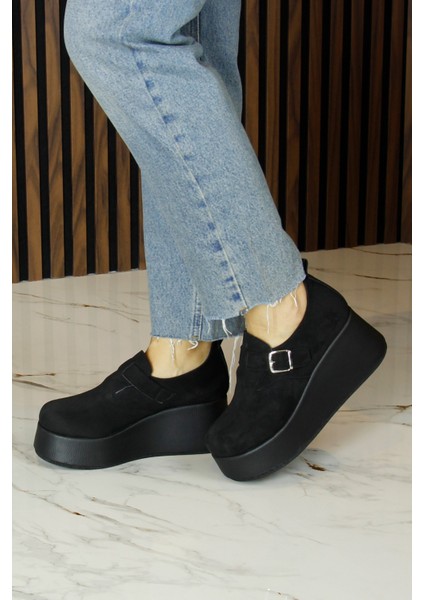 Miyuki Siyah Süet Yuvarlak Burun Lastik Bantlı Dolgu Topuklu Günlük Ayakkabı