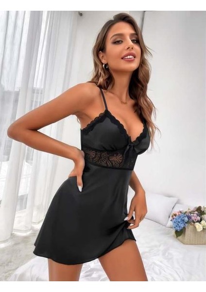 Arias Closet Siyah Dantel Detaylı Ince Askılı Saten Kısa Fantezi Gecelik fiyatları