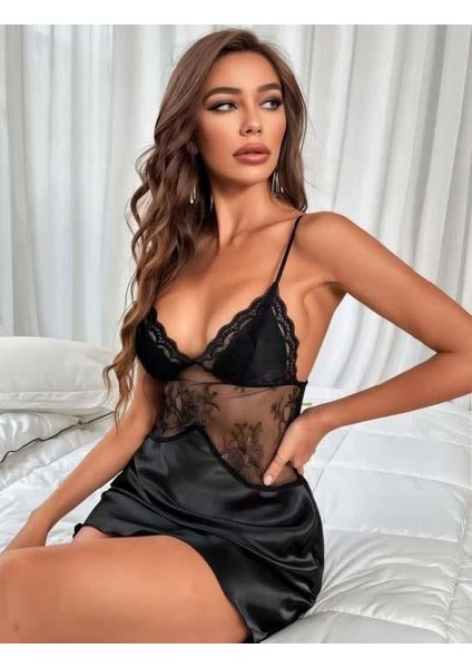 Arias Closet Siyah Dantel Detaylı Ince Askılı Saten Kısa Fantezi Gecelik fiyatları