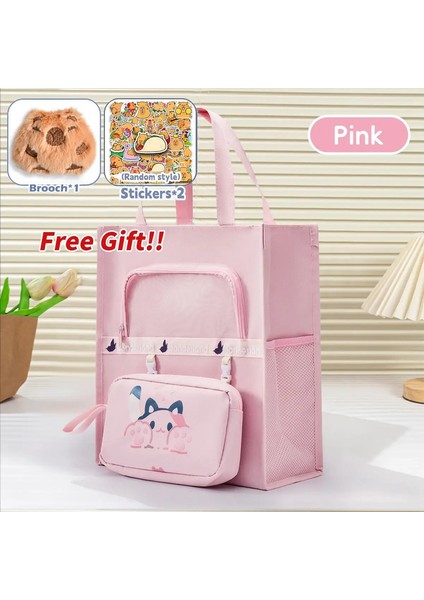 Capya Ders Çantası Kawaii Okul Öğrencisinin Tuval Depolama Dosyası Çantası Karikatür Karikatür Büyük Kapasite Baskı Kore Istasyonculu Kolej: Lightbrown ve Hediye (Yurt Dışından)