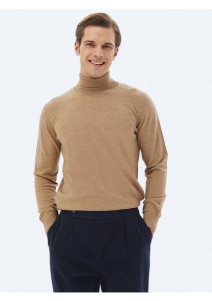 Deve Tüyü Tam Balıkçı Yaka Düz Örgü Yün Karışımlı Triko Kazak indirimleri
