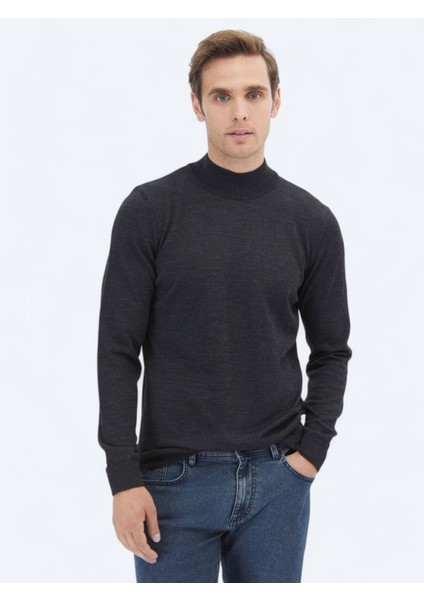 Antrasit Yarım Balıkçı Yaka Düz Örgü Yün Karışımlı Triko Kazak
