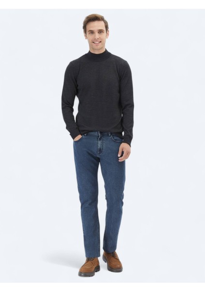 Antrasit Yarım Balıkçı Yaka Düz Örgü Yün Karışımlı Triko Kazak