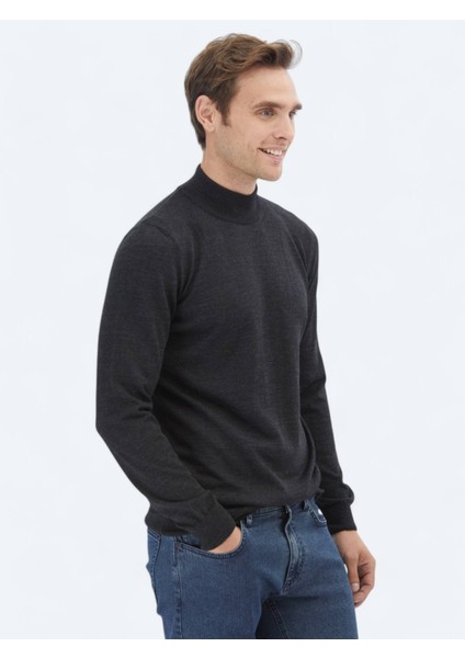 Antrasit Yarım Balıkçı Yaka Düz Örgü Yün Karışımlı Triko Kazak