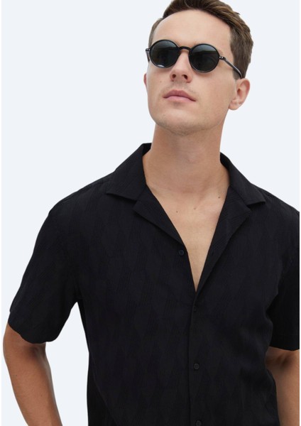 Siyah Desenli Regular Fit Dokuma Casual Pamuk Karışımlı Gömlek