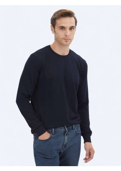 Lacivert Bisiklet Yaka Düz Örgü Yün Karışımlı Triko Kazak