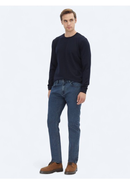 Lacivert Bisiklet Yaka Düz Örgü Yün Karışımlı Triko Kazak