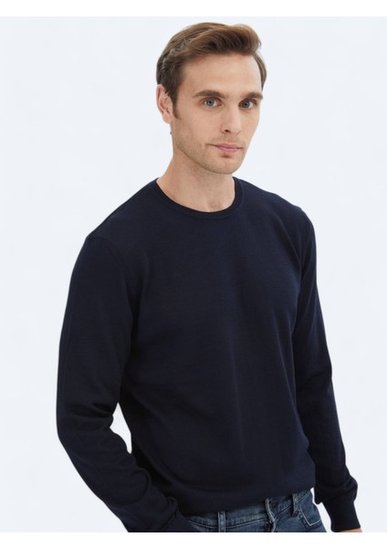 Lacivert Bisiklet Yaka Düz Örgü Yün Karışımlı Triko Kazak