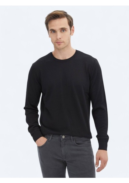 Siyah Bisiklet Yaka Düz Örgü Yün Karışımlı Triko Kazak