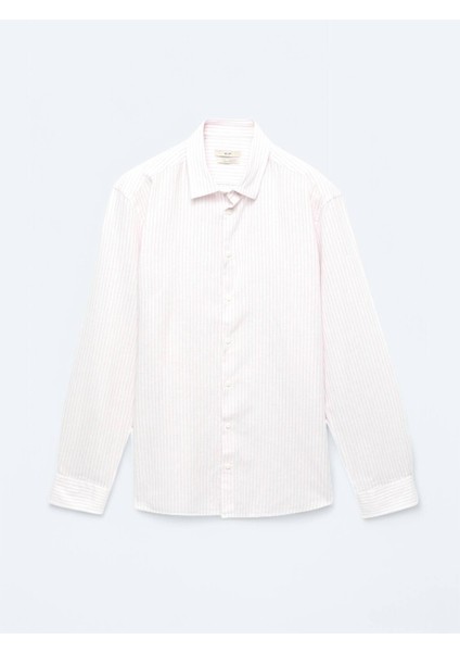 Pembe Çizgili Regular Fit Dokuma Casual Pamuk Karışımlı Gömlek fiyatları