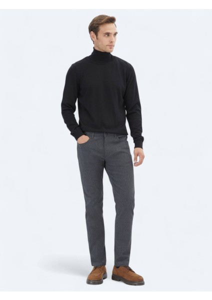 Siyah Tam Balıkçı Yaka Düz Örgü Yün Karışımlı Triko Kazak