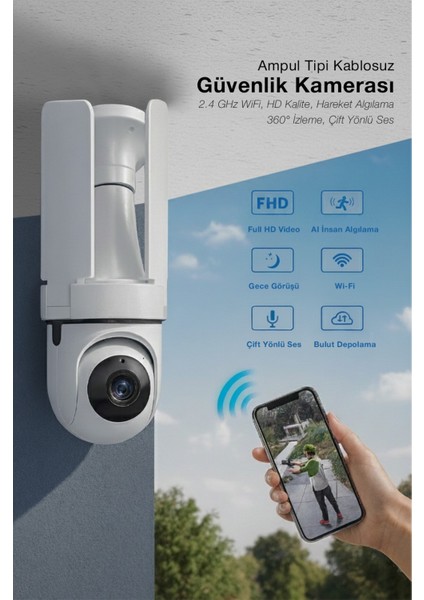 Kmr-16 360° Projektör Ampul Güvenlik Kamerası | Wi-Fi | Gece Görüş | Hareket Takip | Çift Yönlü Ses fiyatları