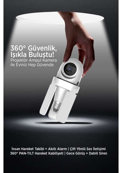 Kmr-16 360° Projektör Ampul Güvenlik Kamerası | Wi-Fi | Gece Görüş | Hareket Takip | Çift Yönlü Ses modelleri