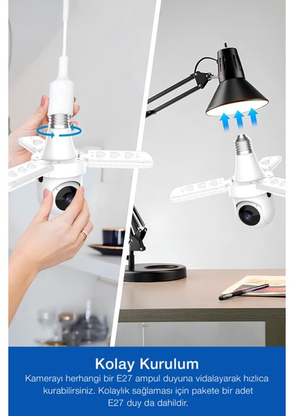 Kmr-16 360° Projektör Ampul Güvenlik Kamerası | Wi-Fi | Gece Görüş | Hareket Takip | Çift Yönlü Ses