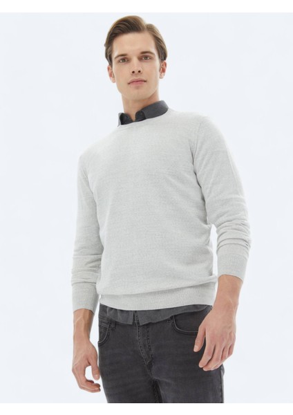 Açık Gri Bisiklet Yaka Düz Örgü Yün Karışımlı Triko Kazak