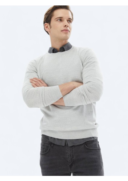 Açık Gri Bisiklet Yaka Düz Örgü Yün Karışımlı Triko Kazak
