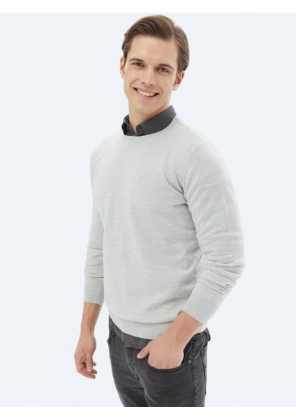 Açık Gri Bisiklet Yaka Düz Örgü Yün Karışımlı Triko Kazak