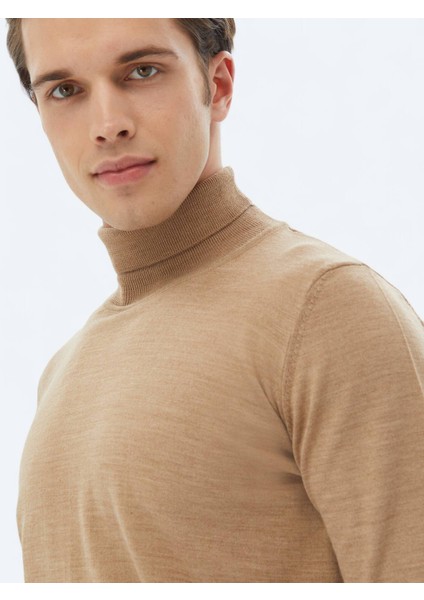 Deve Tüyü Tam Balıkçı Yaka Düz Örgü Yün Karışımlı Triko Kazak