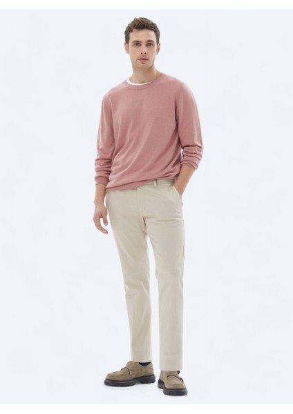 Pembe Bisiklet Yaka Düz Örgü Pamuk Karışımlı Triko Kazak