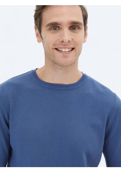 İndigo Bisiklet Yaka Düz Örgü Pamuk Karışımlı Triko Kazak