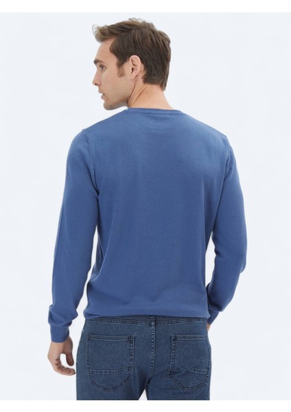 İndigo Bisiklet Yaka Düz Örgü Pamuk Karışımlı Triko Kazak