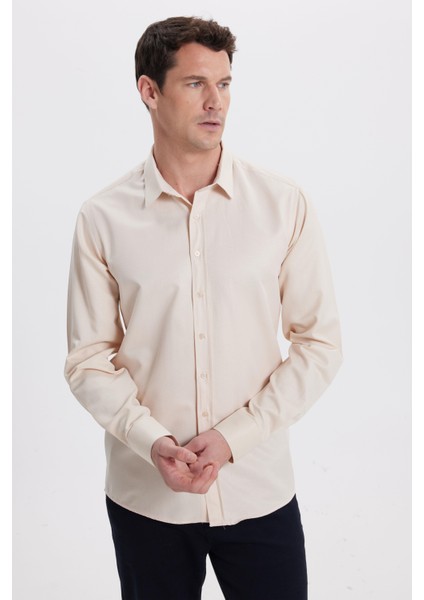 Modern Slim Fit Uzun Kollu Pamuklu Kolay Ütü Armürlü Bej Erkek Gömlek
