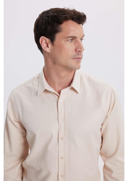 Modern Slim Fit Uzun Kollu Pamuklu Kolay Ütü Armürlü Bej Erkek Gömlek fiyatları