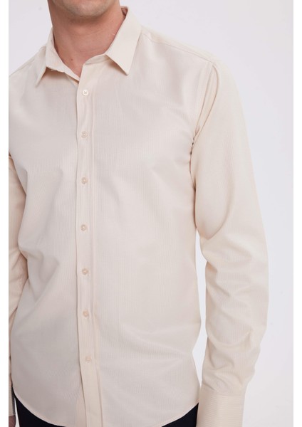 Modern Slim Fit Uzun Kollu Pamuklu Kolay Ütü Armürlü Bej Erkek Gömlek modelleri