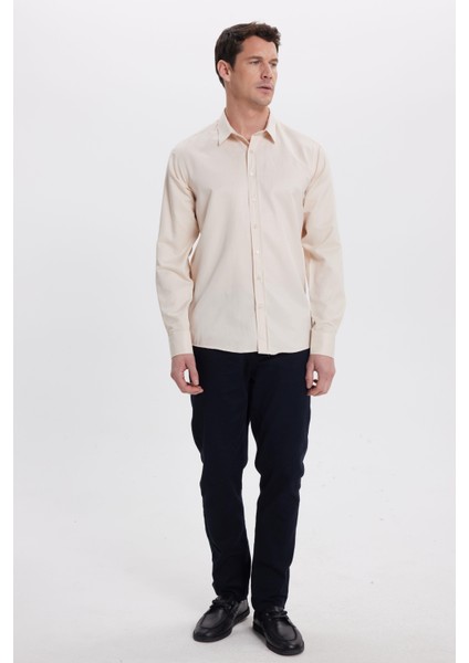 Modern Slim Fit Uzun Kollu Pamuklu Kolay Ütü Armürlü Bej Erkek Gömlek fırsatları