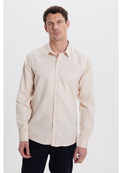 Modern Slim Fit Uzun Kollu Pamuklu Kolay Ütü Armürlü Bej Erkek Gömlek indirimleri