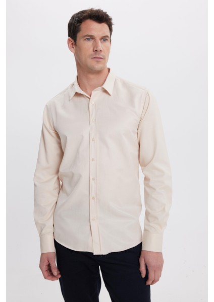 Modern Slim Fit Uzun Kollu Pamuklu Kolay Ütü Armürlü Bej Erkek Gömlek