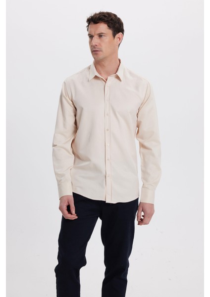 Modern Slim Fit Uzun Kollu Pamuklu Kolay Ütü Armürlü Bej Erkek Gömlek