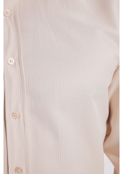Modern Slim Fit Uzun Kollu Pamuklu Kolay Ütü Armürlü Bej Erkek Gömlek
