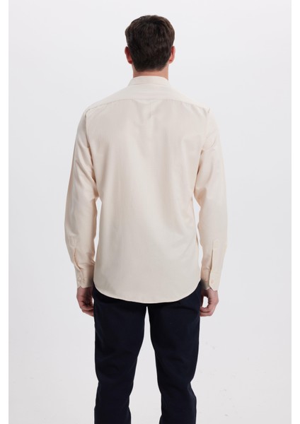 Modern Slim Fit Uzun Kollu Pamuklu Kolay Ütü Armürlü Bej Erkek Gömlek